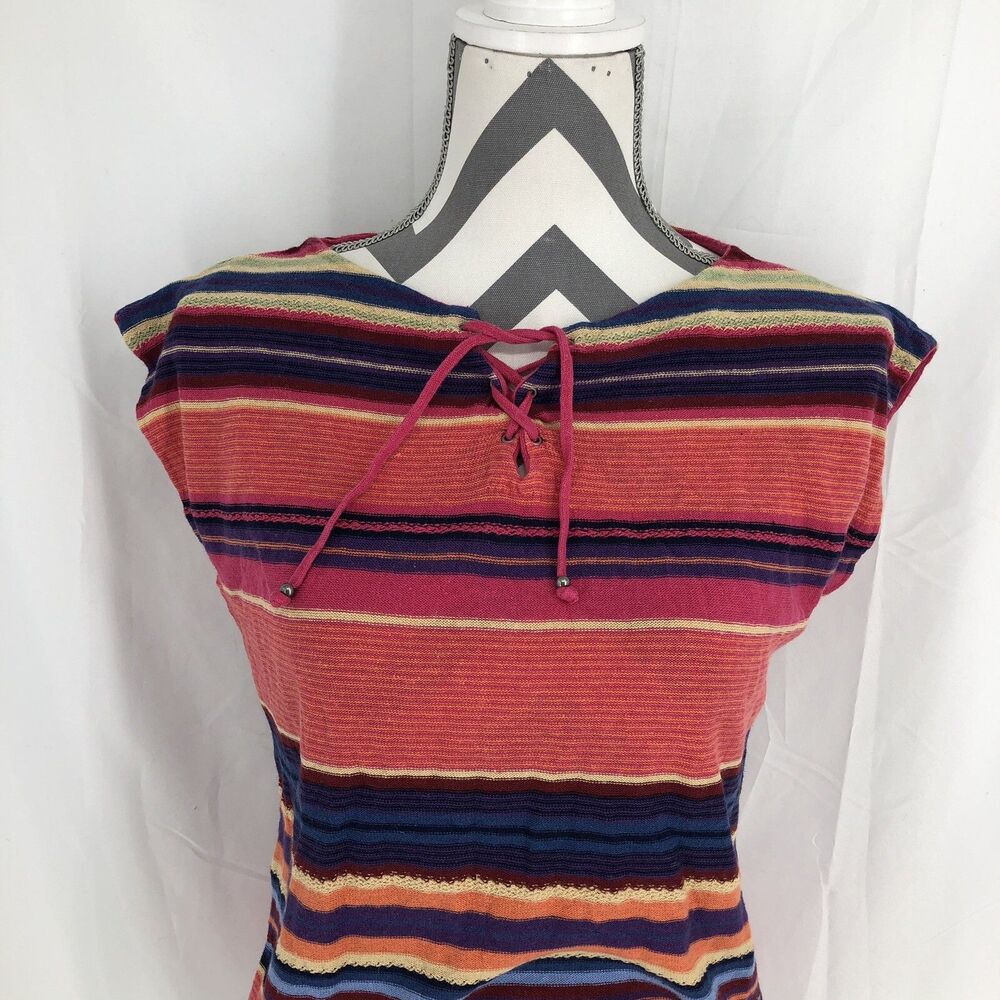 Chaps Pullover Lace-up Neck Orange Purple Striped Knit Sleeveless Shirt Small